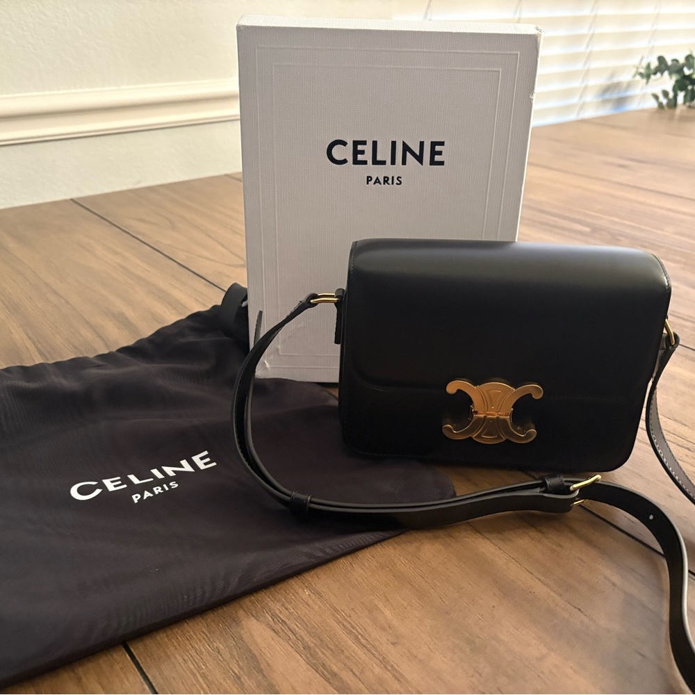 Celine Elegant Black Crossbody with Gold Detail